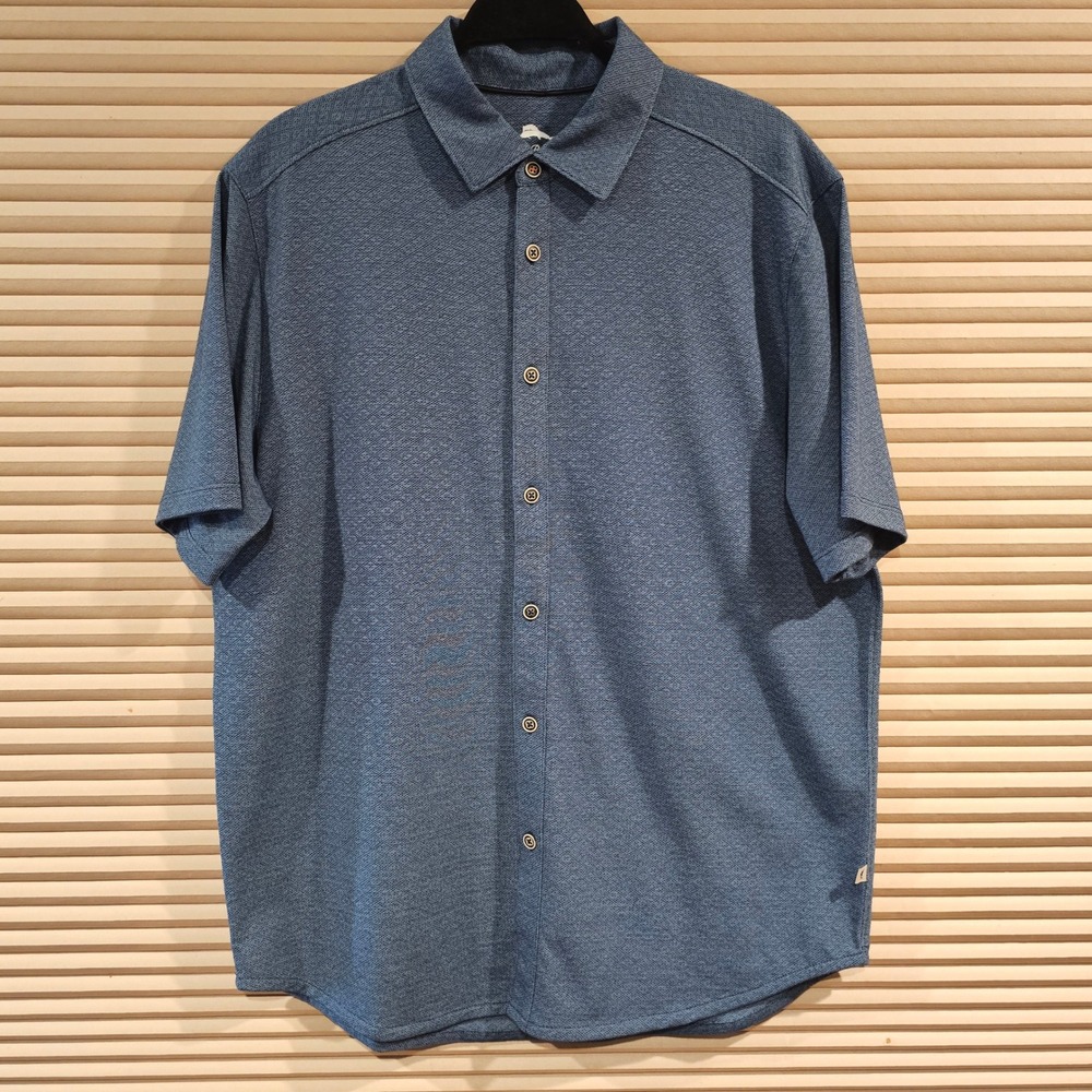 Tommy Bahama Mens Blue Textured Knit Short Sleeve Button Down Shirt Medium